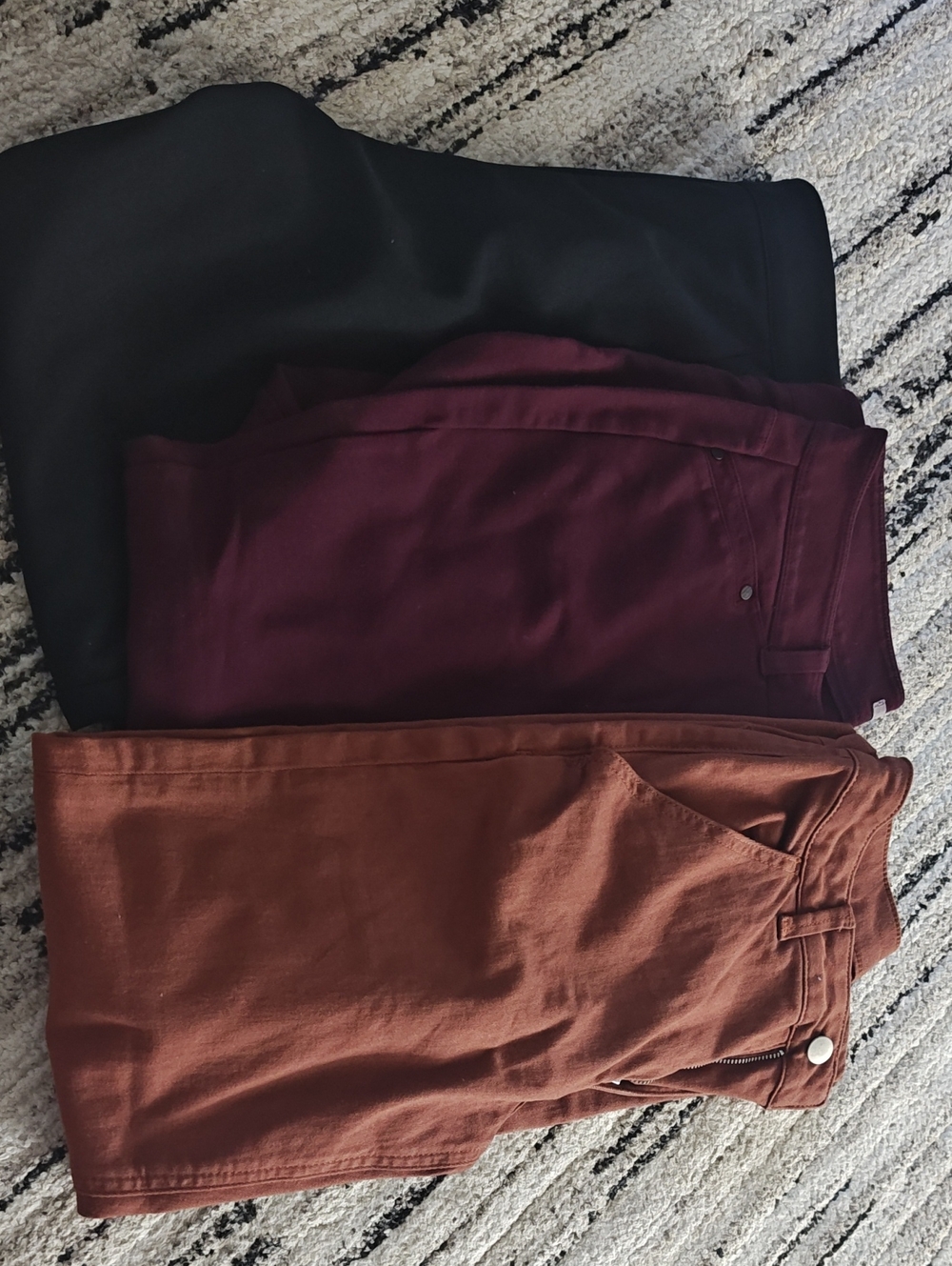 Straight Leg Women’s Pants Trio — Black, Burgundy, Rust